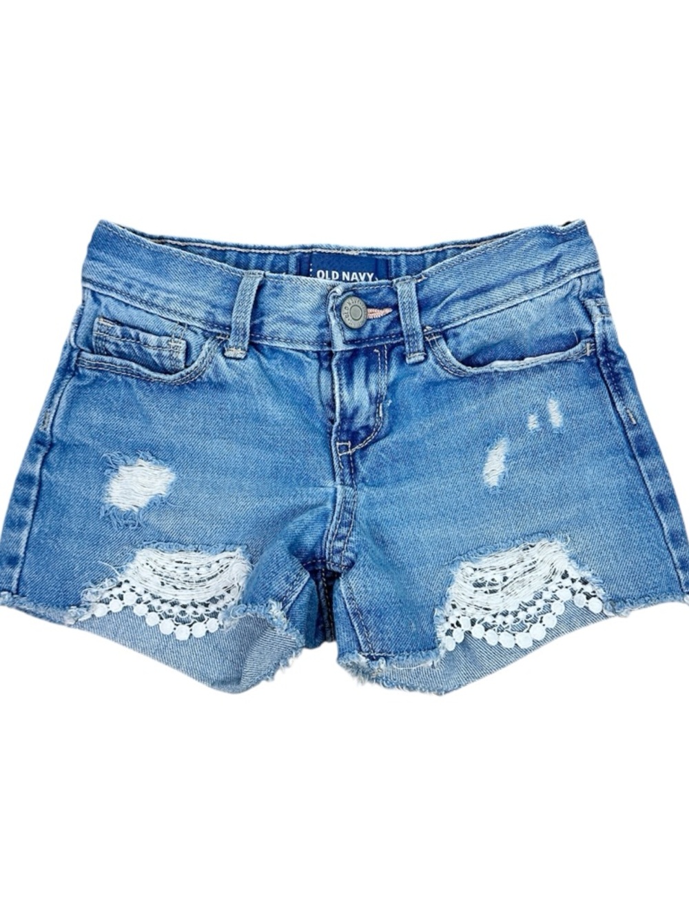 Old Navy Girls Light Boho Blue Distressed Denim Shorts with Lace Trim